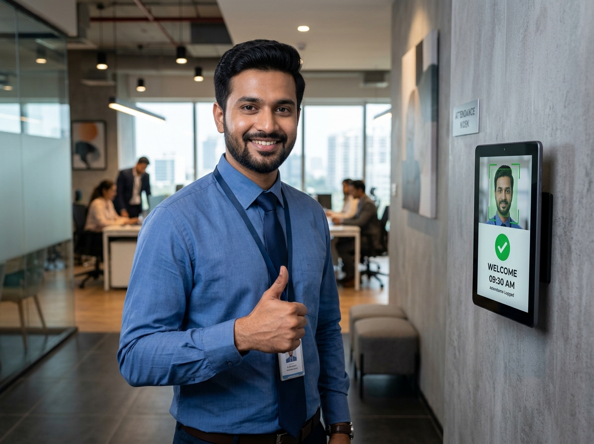 Happy employee with face recognition kiosk