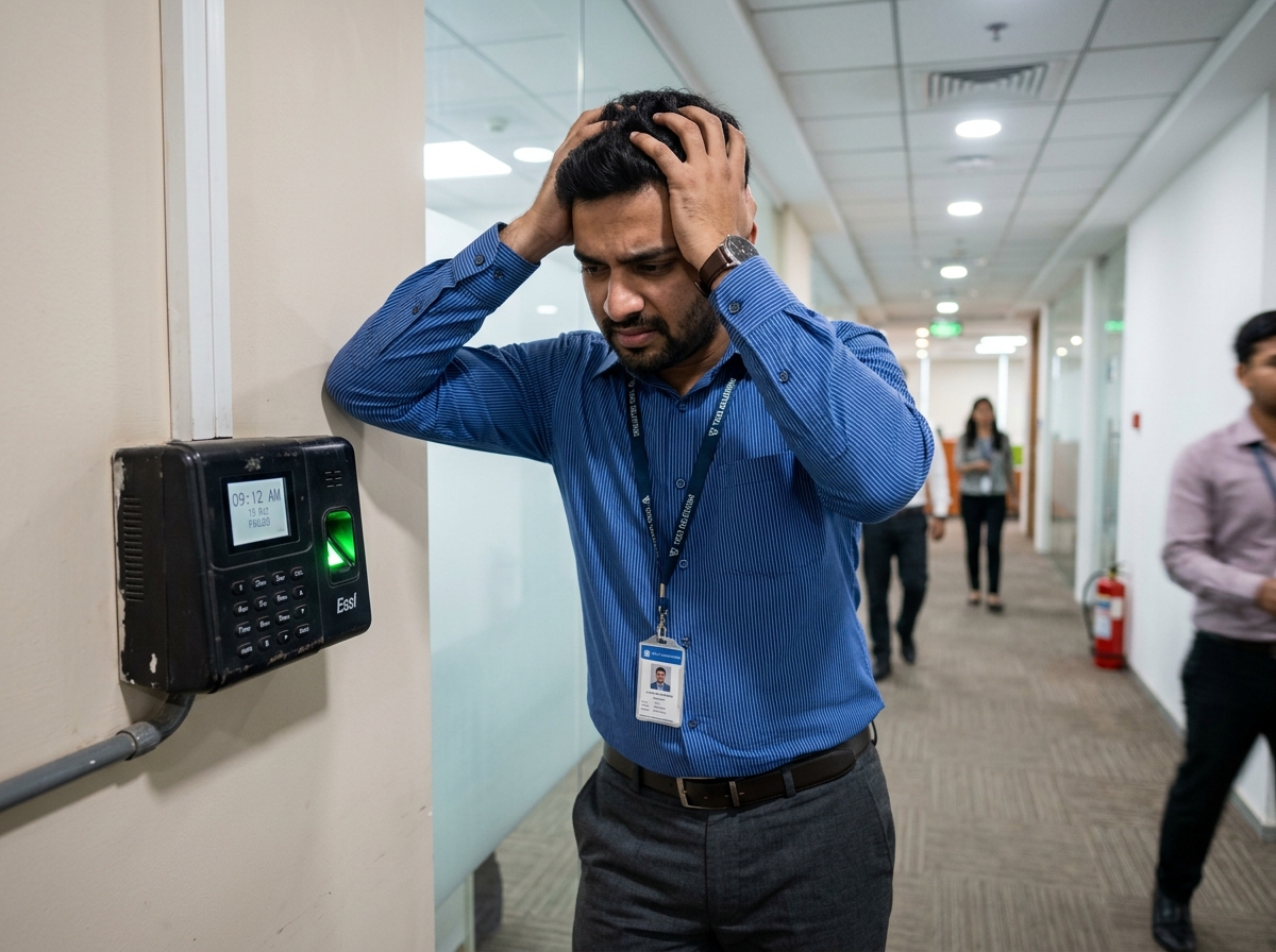 Frustrated employee with fingerprint biometric machine